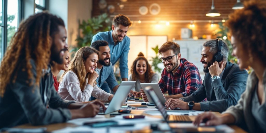 Professionals collaborating in a modern office environment.